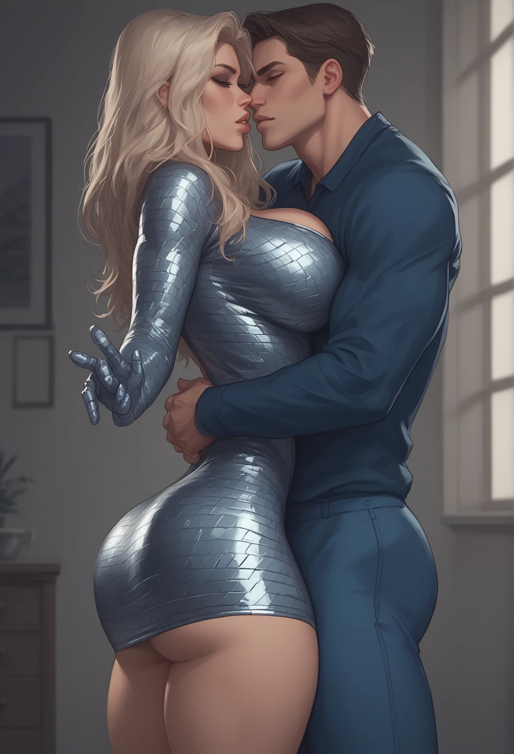 Middle-aged Woman, sexy thunder thighs, sexy voluptuous, gigantic breasts, slimmest waist, sexy mature face, wear summer light blue dress, black hair, glowing eyes, open mouth, blonde hair, white hair, messy hair, very long hair, symbol-shaped pupils, aqua eyes, glowing eyes, pointy ears, earrings, angry, embarrassed, mouth hold, seductive smile, heavy breathing, moaning, torogao, rape face. A black man, muscle handsome body, brown skin, wear exercise clothes. woman flustered snuggle kisses on black man passionately, black man caress woman, in romance snuggle kiss passionately poses. Gothic art, Realism, UHD, textured skin, super detail, 8k, 16k, high quality