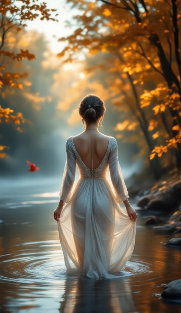 A woman in a flowing dress wades through shallow water, holding her shoes. Surrounding her are autumn-colored trees and a distant red bird, creating a serene and moody atmosphere