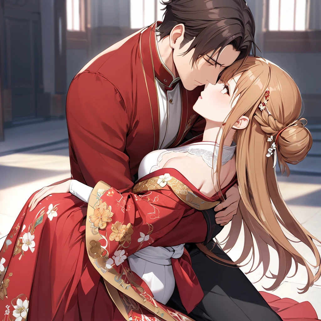 ((highest quality)), ((masterpiece)), (detailed), Perfect Face、((Yuuki Asuna))、Brown Hair、Hanfu、Gorgeous embroidery、On the bed in the bedroom、((A man and a woman have marital relations on a bed))、A man and a woman are a couple、Gorgeous Phoenix Crown、The woman is wearing a gorgeous court costume.、Woman has a happy face、Gorgeous hair ornament、Earrings、necklace、Bracelet、Luxury accessories、(The woman is the empress)、(The man is the prince)、((The woman rubs her cheek against the man's chest and hugs him.))、(The man puts his hands around the woman's waist and hugs her)、Man and woman making love in bed