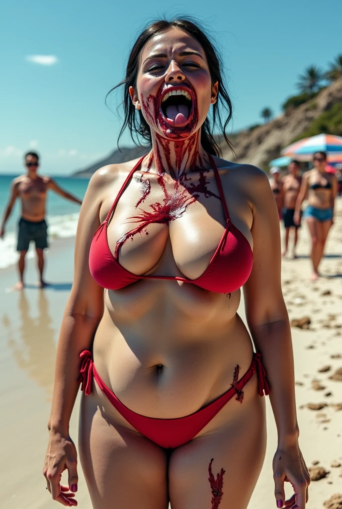 25 year old beautiful athletic asian female beach wrestler with muscular body injured after beach wrestling match. Lying on ground crying in pain. Bloody nose. Sweaty. Crowd in background