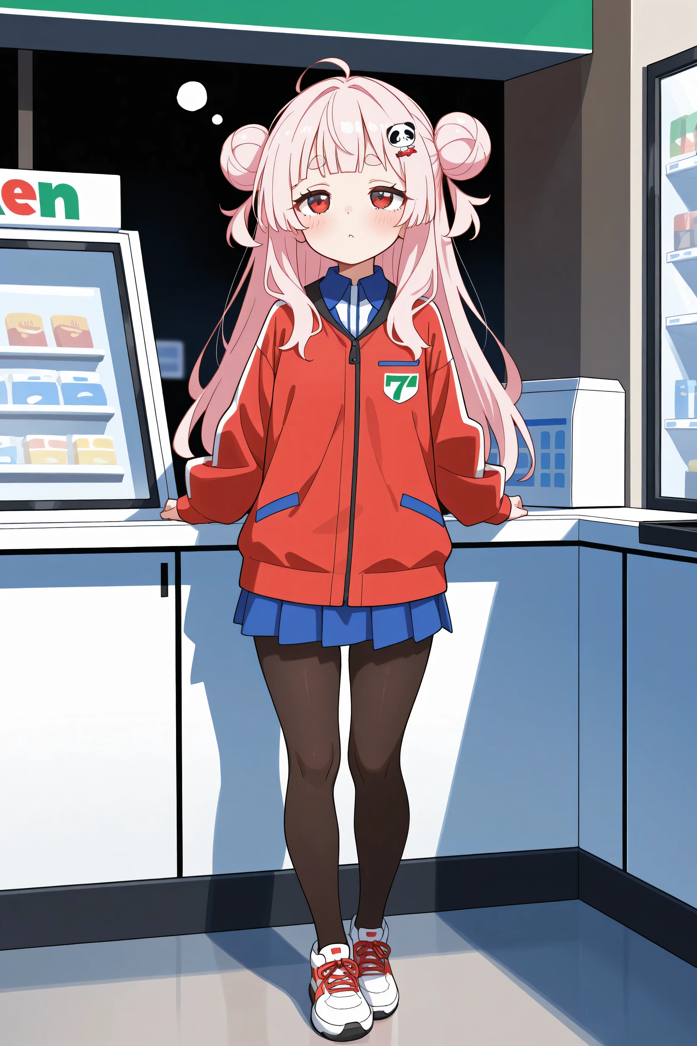 masterpiece, best quality, high resolution,4K, highly detailed, ultra detailed, ((detailed beautiful eyes)), full body, Alone, 1 girl, light pink hair, small double bun hair, half twin hair, long hair, hime cut, thin oval eyebrows, Red Eyes, ((bangs Panda face hairpin)), Convenience store staff, 7-eleven uniform, in Alone at the cashier's counter, Sleepy face