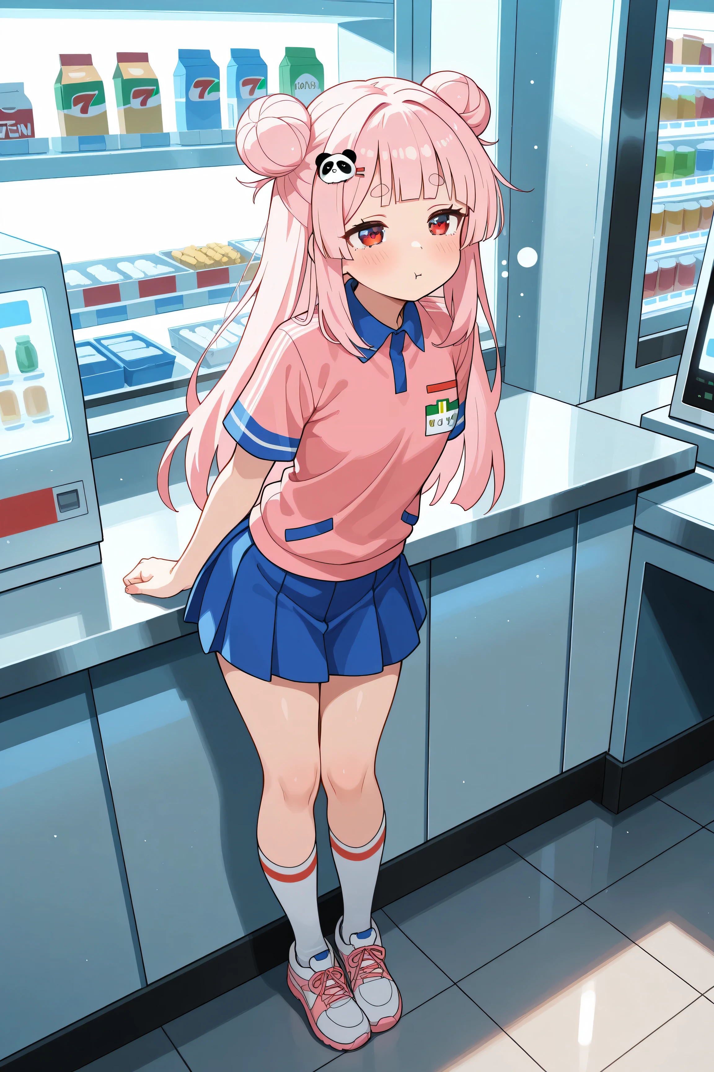 masterpiece, best quality, high resolution,4K, highly detailed, ultra detailed, ((detailed beautiful eyes)), full body, Alone, 1 girl, light pink hair, small double bun hair, half twin hair, long hair, hime cut, thin oval eyebrows, Red Eyes, ((bangs Panda face hairpin)), Convenience store staff, 7-eleven uniform, in Alone at the cashier's counter, Sleepy face