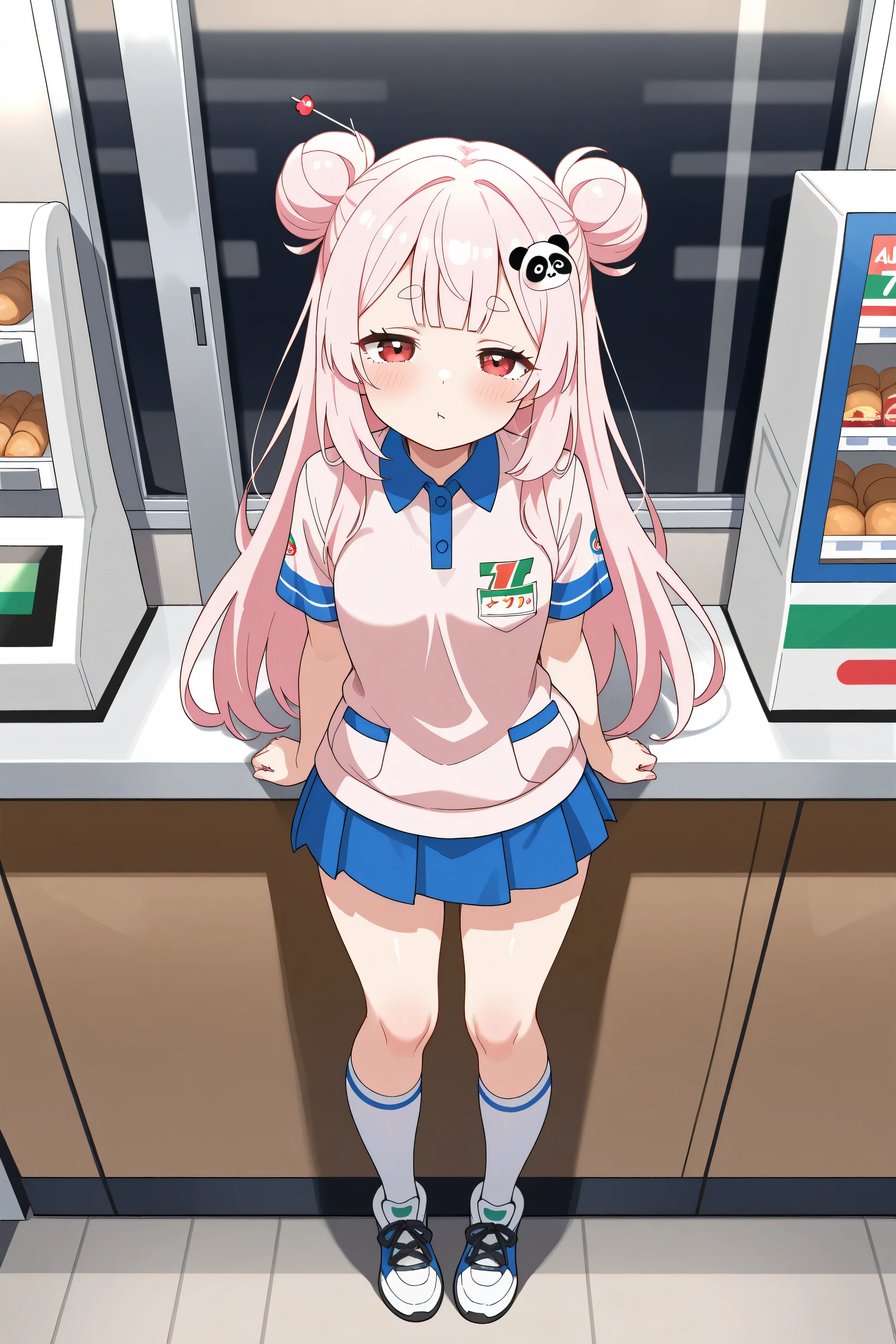 masterpiece, best quality, high resolution,4K, highly detailed, ultra detailed, ((detailed beautiful eyes)), full body, Alone, 1 girl, light pink hair, small double bun hair, half twin hair, long hair, hime cut, thin oval eyebrows, Red Eyes, ((bangs Panda face hairpin)), Convenience store staff, 7-eleven uniform, in Alone at the cashier's counter, Sleepy face