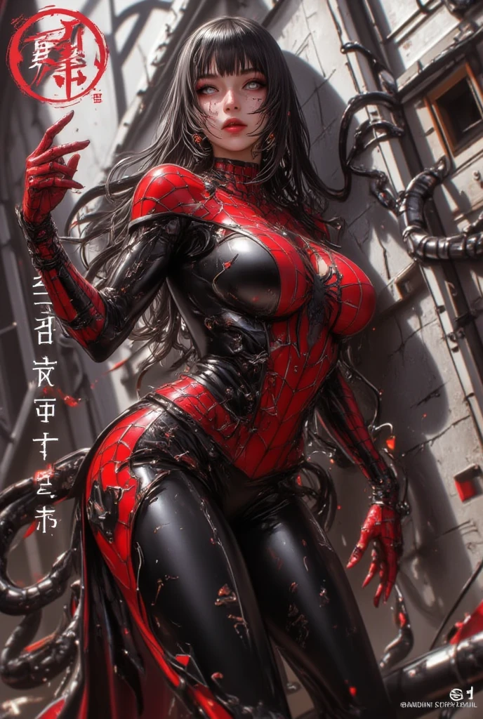 （tmasterpiece：1.4）， （8K， realisticlying， RAW photos， best qualtiy： 1.4），  （1girll）， beauitful face， （photorealiscic face：1.4）， （brunette color hair， ponytailed long hair：1.3）， Beautiful hairstyle， beatiful detailed eyes， （best ratio eyes：1.5）， Attractive， 超高分辨率， Ultra photo realsisim， highly  detailed， Optimal proportions， （Detailed face：1.4）， looking at viewert， Red lipstick， （best ratio fingers：1.5）， （white super hero theme， Glamorous，Wearing transparent lingerie Spider-Man costume，she is a superhero），[（（25 age old），full bodyesbian，（Realistic blue eyes：1.2），（（Spider-Man pose），（（sandy urban environment）：0.8）|（view over city，the night，dynamic lights），（moon full））] # illustrated：The Prompt mainly describes a 4K painting of ultra-high definition，Very realistic，The is very detailed。It showcases superheroines at the top of the city，wearing Spider-Man costume。The subject in the painting is a white superhero theme，The heroine has long black hair，He is 25 years old，The entire figure is shown in the painting。In terms of depicting the action of a superheroine，Spiders were used，（no brassiere：1.4），vivaciousness_Nipples，（（exposed_Nipples，Naked of breast，High percentage of realistic breasts，Realistic big breasts）：1.3），（Keep one's mouth shut：1.4），（camel_Toe_Pussy：1.3），Ini_Pussy，
