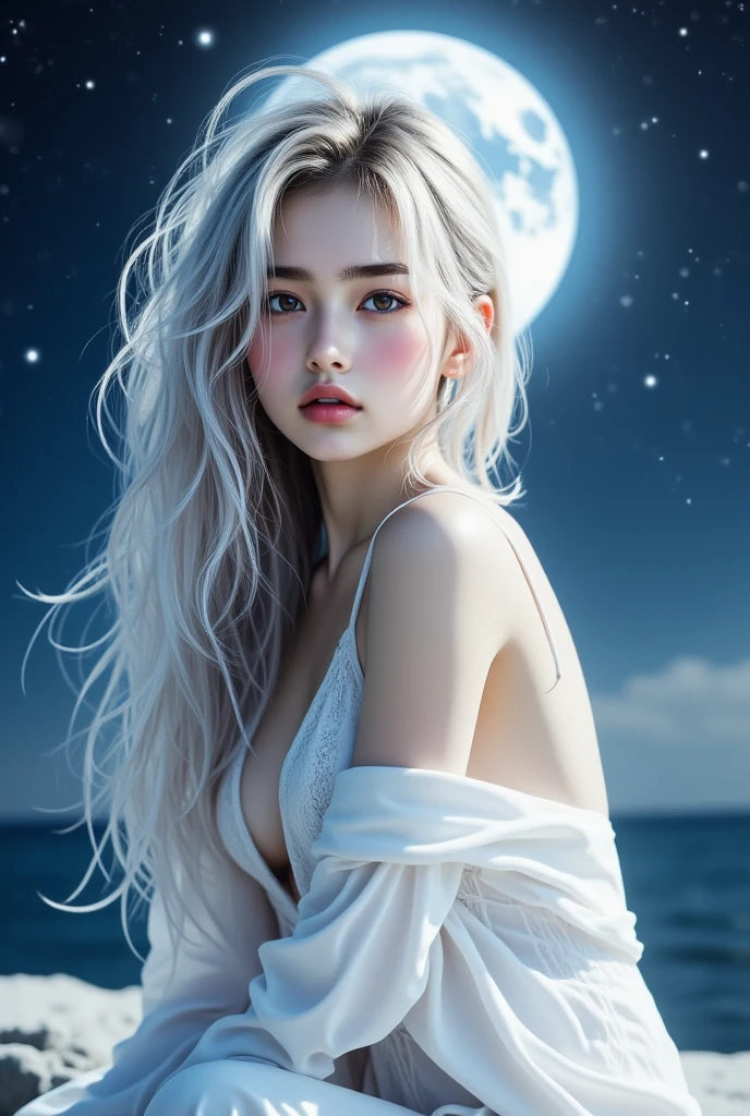 masterpiece, highest quality, (solo focus), (perfect face:1.1), (high detail:1.1),dramatic, 1girl, (pale skin), long white hair, white eyes, solo, long hair, moon, night, white luxury suit, covered navel, pouty lips, covered, futuristic city, detailed background, art by artgerm and greg rutkowski,  cinematic lighting,