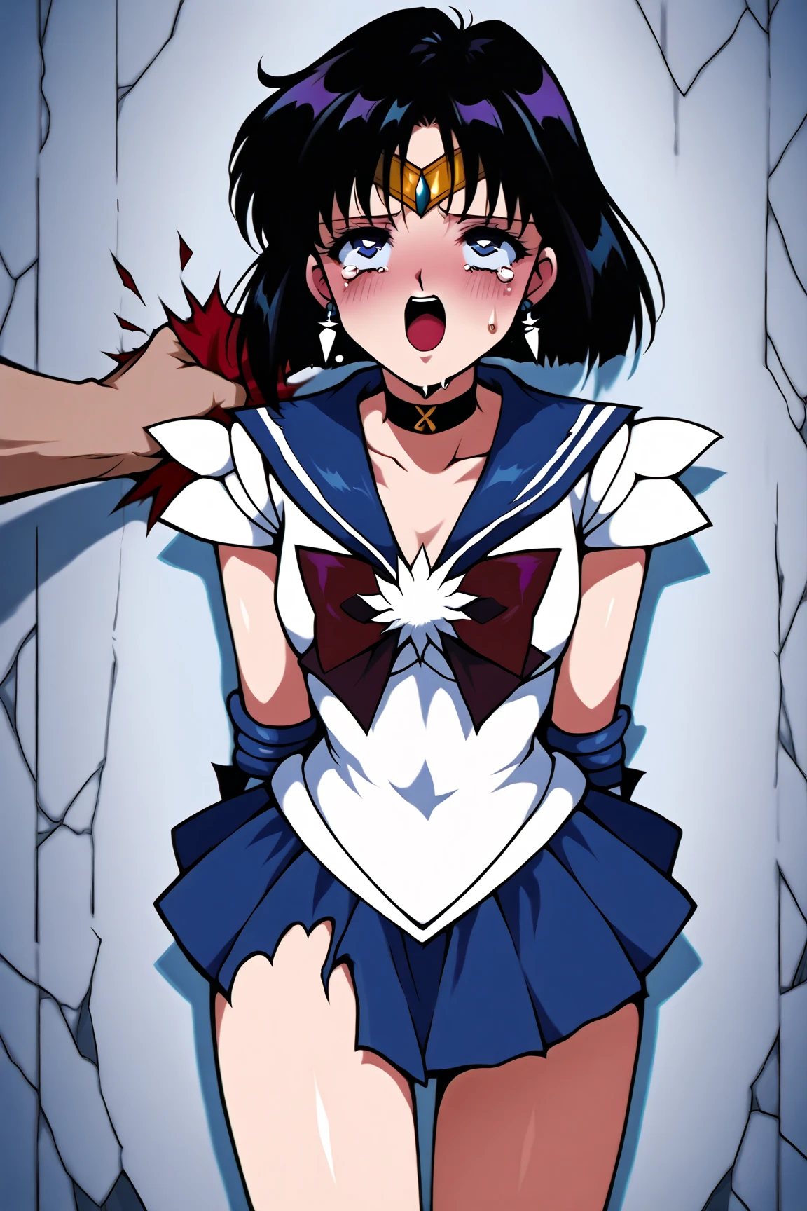 (Very detailed),Mid-chest, Detailed hands, Sailor Mars,I'm injured、On one knee、(((Crippling)))、(((Her costume is torn and her skin is showing)))、Bleeding、enduring pain、(((Hands tied)))、(((He is in agony after receiving a  attack from the enemy.)))、(((Being tied urope)))、Crucified、(((Crippling)))