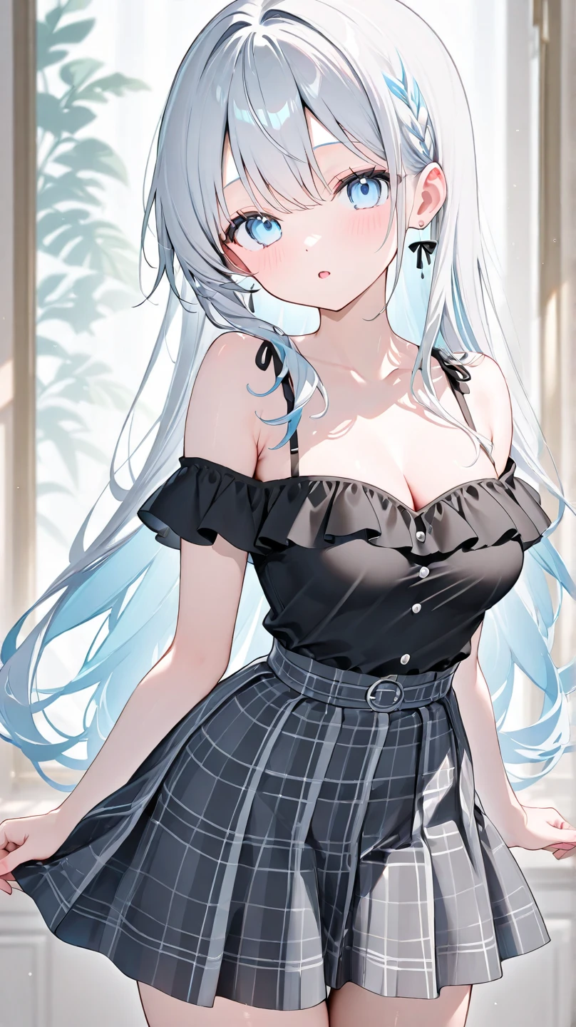 masterpiece, {{{{Highest quality}}}}, 16K, beautiful,1 Girl, black髪, {Pleats_skirt(black)}, {just_shoulder(white)}, Sleeveless, Cleavage, {pantyhose(black)}, {{{Captivating smile}}}, Own-taken picture、taking a picture of oneOwn, Own_shot, Large Breasts