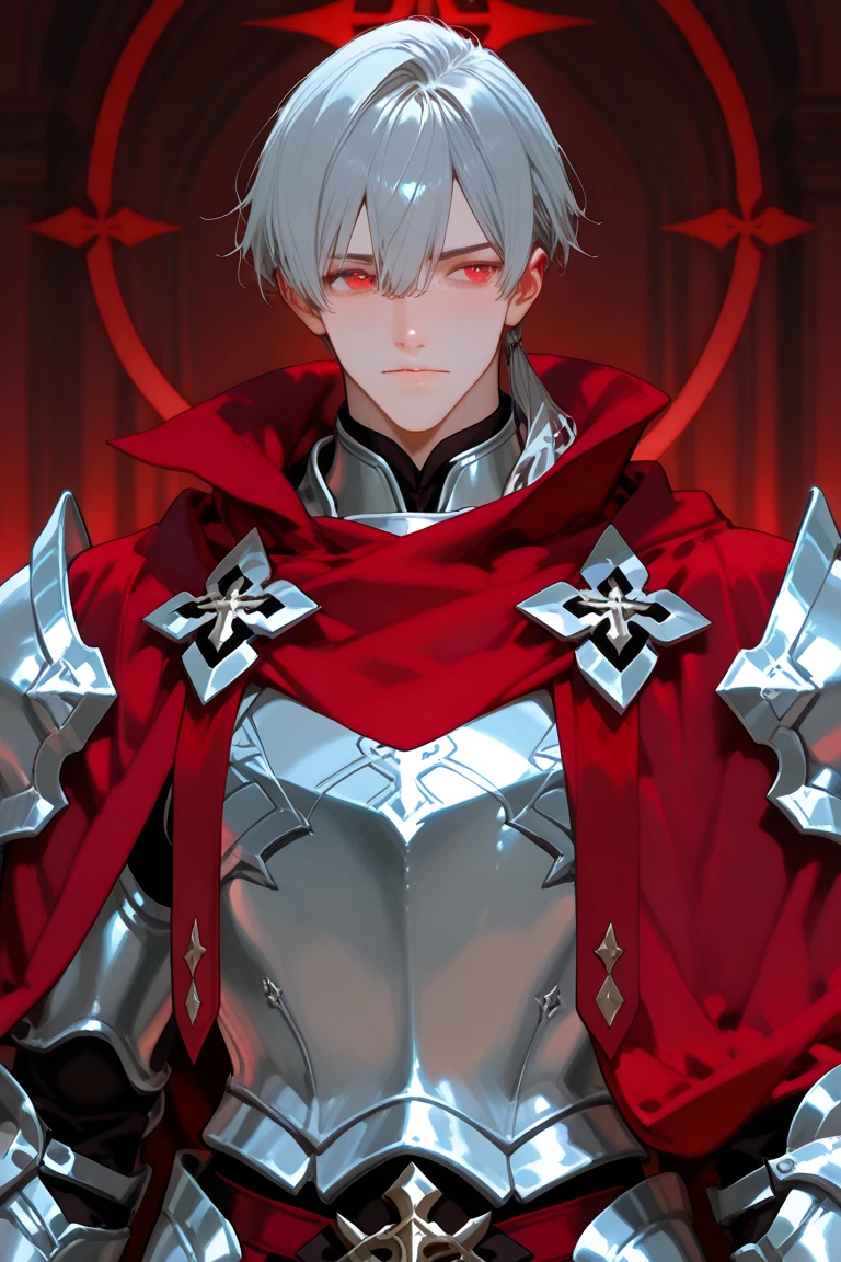 (ridiculous, high resolution, super detailed), (panorama), (1 male), tall, wearing silver armor, red eyes, evil charm, short white hair, red streamer, red magic surrounding, exaggerated light, hands emitting red light, open mouth