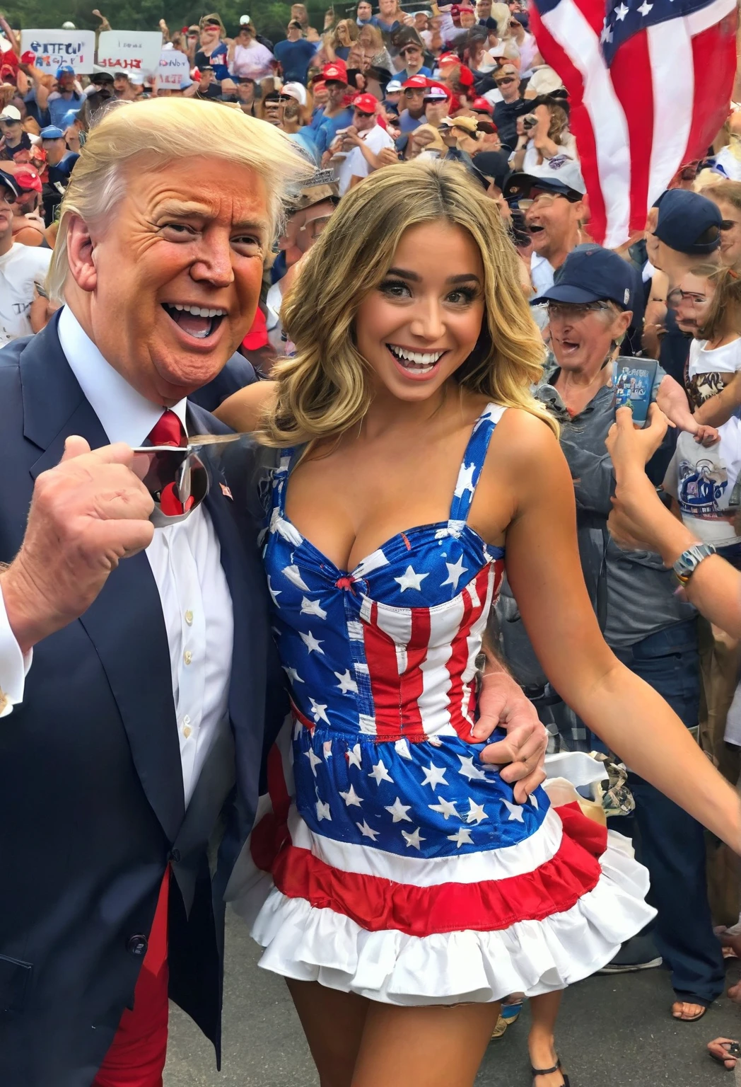 The teenage daughter of Donald Trump and Joe Biden. Looks like the spitting image of both her dads. wearing an american flag dress. 50/50 comical mash up of Donald Trump and Joe Biden. 1girl.
