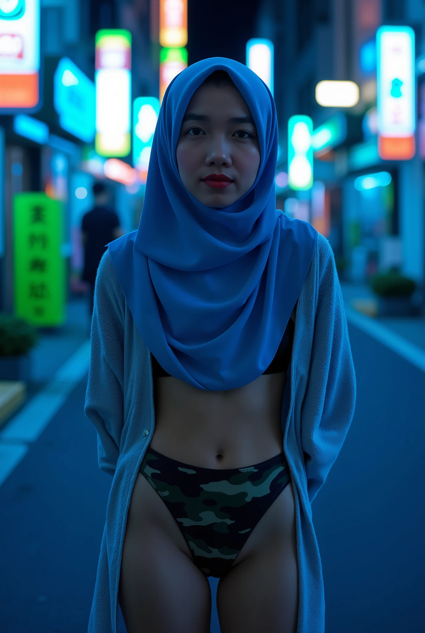 (KIMONO COAT), Disappointed facial expression, Front posing, Wearing Scarf neck tie, Front posing, SUPER SKINNY, (Thighs and calves huge muscles), (((MOODY FACE EXPRESSION))), "Wearing Hijab perfectly", wearing Scoop Neck Sleeveless neon light blue Bodysuits strapless swimsuit 'camouflage print', (KEDUA BELAH TANGAN DILETAK LETAKKAN DIBELAKANG PUNGGUNG NOT VISIBLE FINGER) PLEASE DON'T PUT ANYTHING ROPE!!!, THIGHS OPEN WIDE, closing mouth
THIN SKINNY HIJAB INDO MALAY (Singlet ), 1 girl, 'BULGE PUSSY', Half body portrait, (face details: 1), (Eye details: 1), ultra high res. realistic: 1.4, UHD, background Di tengah Kota Yang sepi Di negara jepun, LIGHT BLUE HIGHHEELS AND SQUATTING SQUATTING , MANDARIN LIME DANCING NEON LIGHTS