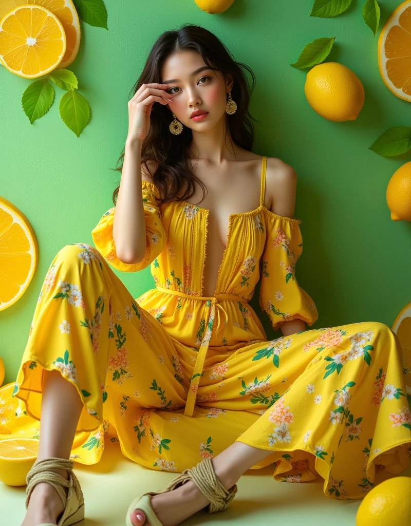 masterpiece, high quality, realistic, movie direction, high contrast, Award-winning difference photos, tropical plants, many colorful flowers in bloom, all kinds of tropical fruitss are growing, A girl sitting on a large sofa in the middle of a greenhouse bathed in bright sunlight, A huge snake is wrapped around a woman, bright sunlight, summer, summer sky, flowers, colorful, fruits, Colorful fruitss, Dazzling brilliance, smile, invincible smile, stare at the bushes, look at the audience,