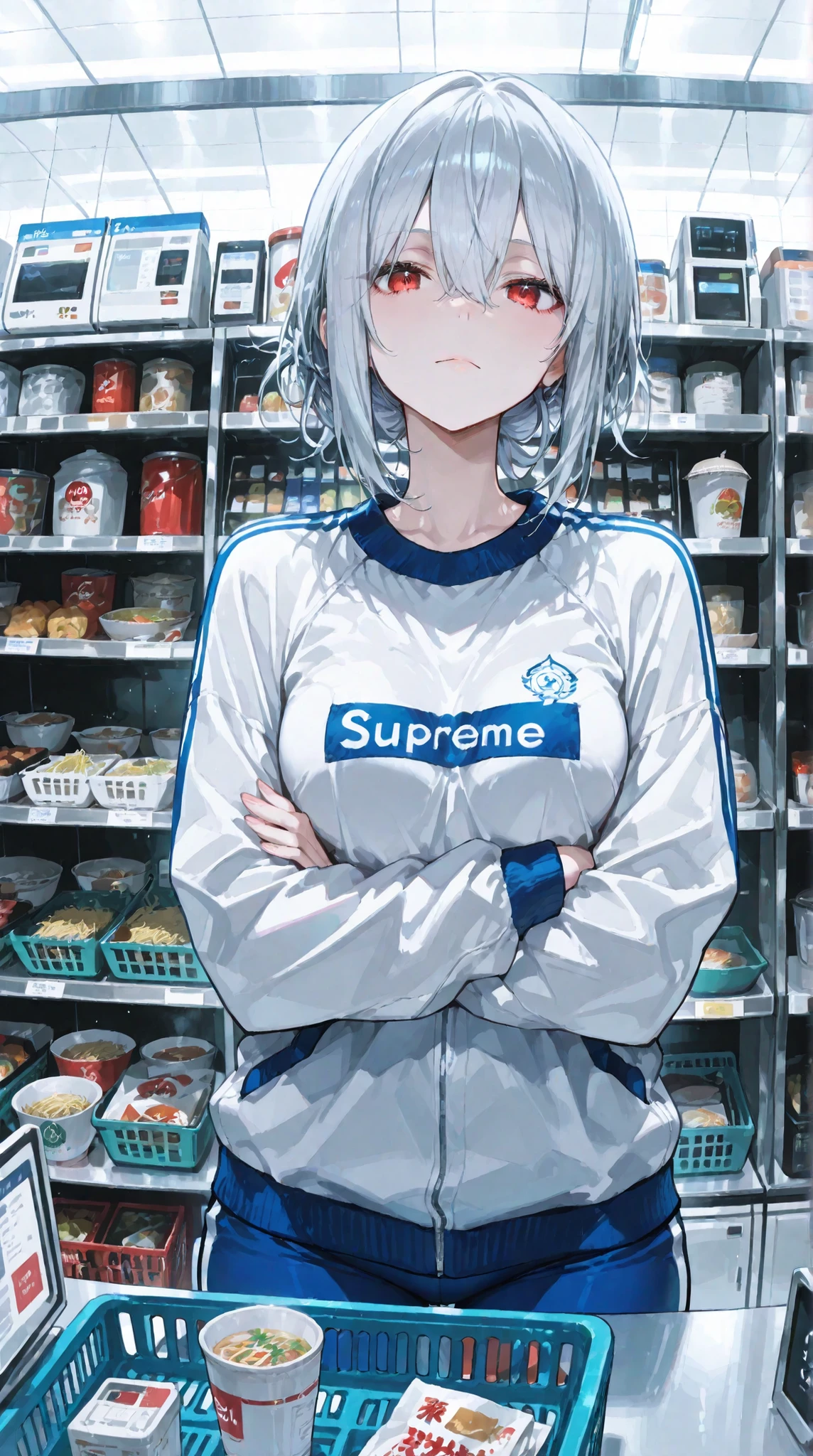Supreme Masterpiece、top quality、   on the other side、beautiful 20-year-old woman with a dismissive expression 。short silver hair、Provocative eyes。healthy white skin stand out。front lining、Potato jersey clothes 。her curves are emphasized。small breasts、Small butt、 B80  /W58/、: 155cm。There are lots of side dishes and cup noodles in the shopping basket、in front of the cash register in front of a convenience store