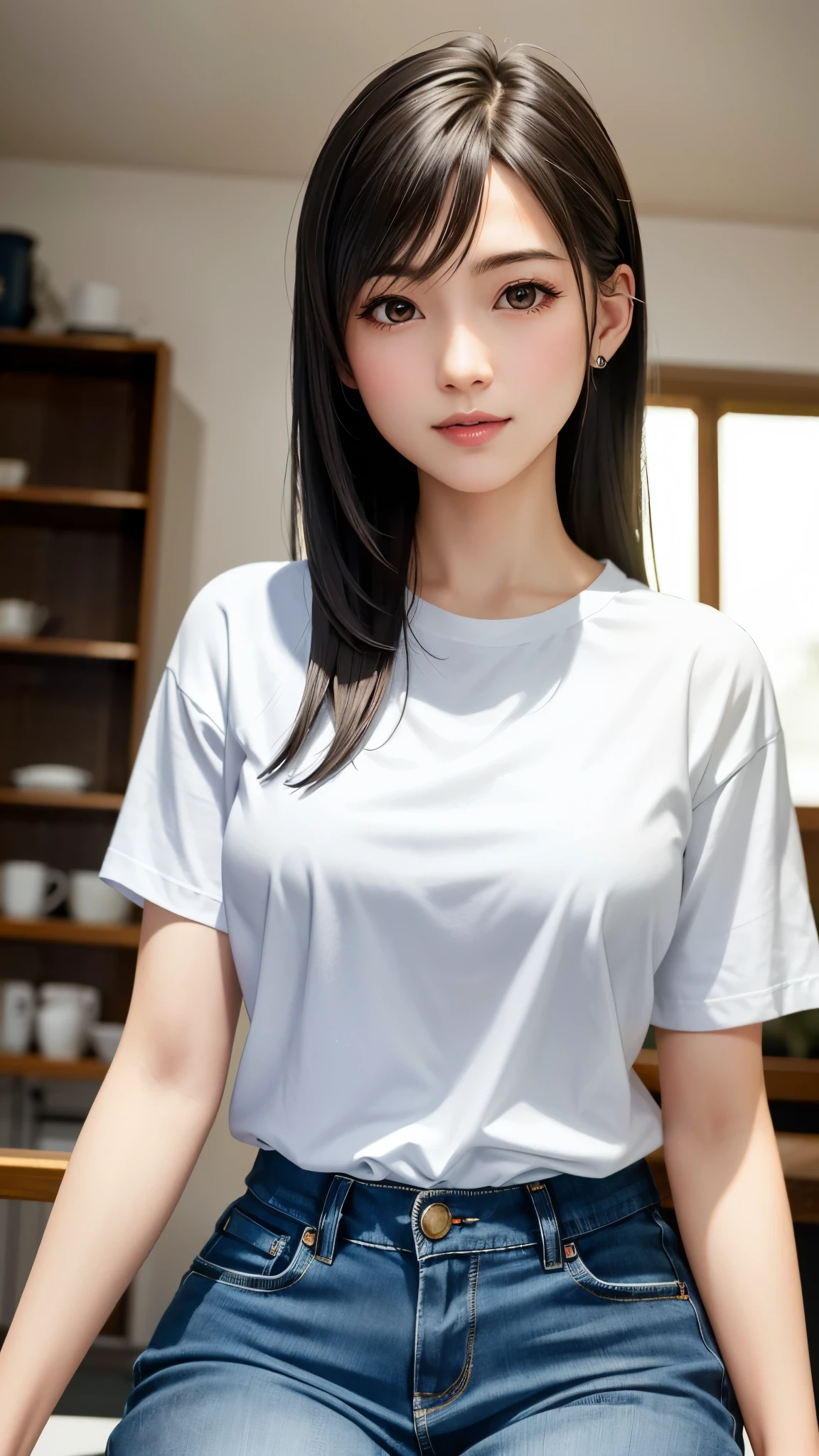 1 Female,Photorealistic,Highest quality,Ultra high definition,8K,Cool Beauty,Beauty,Perfect Style,Wet short-sleeved T-shirt,Hot pants,Round neck,Japanese,smile,looking at the camera,Small breasts,