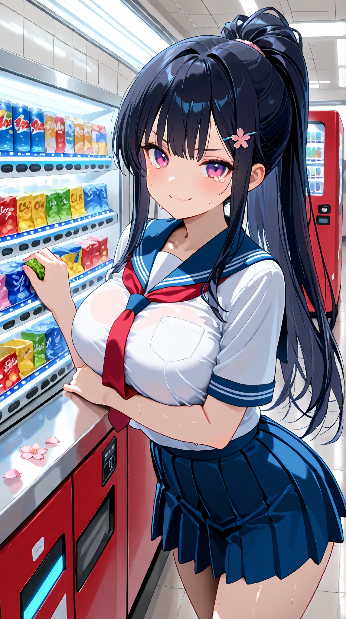 nsfw, kurokawanagiko, dark blue hair, blunt bangs, very long hair, red eyess, large breasts, , , empty eyes , large breasts, nipple, , Peeing, lactation, projectile lactation, Sweets shop, frozen, wet, crying ,, Naked, , (1girl) ,solo