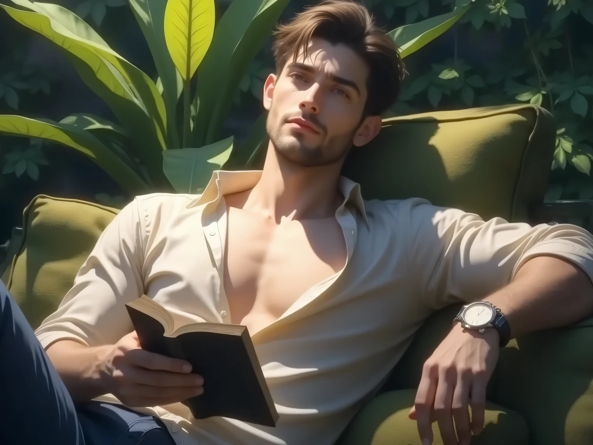 Handsome black haired man wearing comfy clothes chilling in the sunlight with a book in his hands, back yard background
