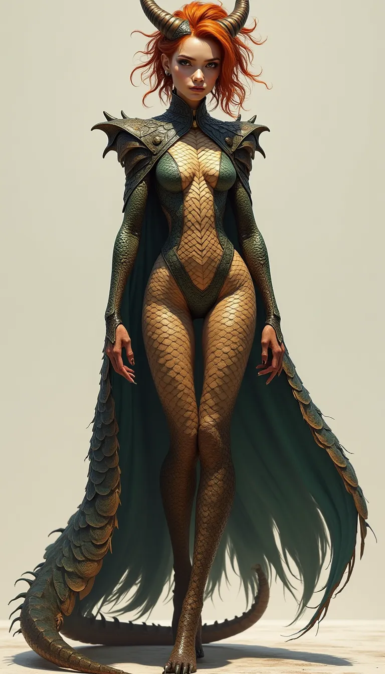 full body shot, stoya, she is standing, on tiptoe, perfect face, blue eyes, woman, long black hair, pale skin, porcelain skin, hourglass body, pink breasts, sagging breasts, defined abdomen, thighs with visible muscles , thick legs, muscular calves, perfect feet. full bush pubic hair,A warrior, dressed in a metallic armor, sexy and short armor,she wears a low-cut cropped top made of green dragon scales made of metal, she wears a long skirt with made of silk large openings on the legs that leaves her crotch is showing, she is barefoot.