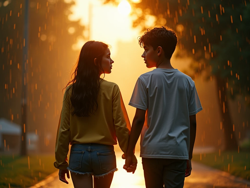 a boy and a girl both wet in the rain in a park under a tree wet t shirt hair wet romantic three students