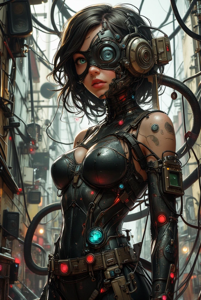 Topic prompts "Atomic heart, Mechanical girl" as follows: Atomic heart,(Valve Punk AI:Mechanical girl),With glass mask,Shiny metal skin,Mechanical body parts,Mechanical gears and gears, [Meticulous, Surgical precision],(standing in road),Science fiction art style,Vibrant colors,High-res,Ultra-detailed,Realistic lighting effects,Bokeh.