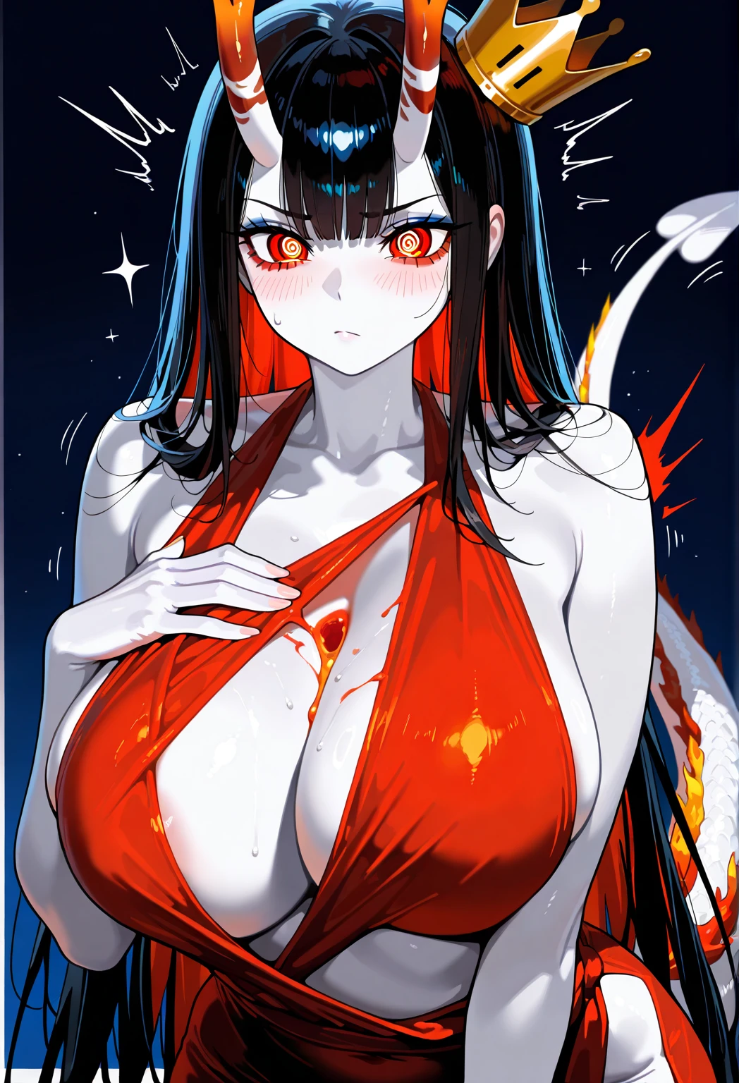 A girl with long loose black hair, crimson red eyes. Deep red lipstick, red eye shadow , very big breasts, demon, with geisha clothes , big breasts, (arms behind back), japanese tapestry background,