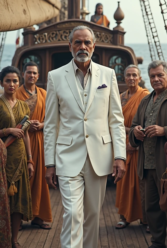 A white man with elegant clothes but a country boy with a cane and behind him a group of people with machetes who were dressed like the one who accompanied him