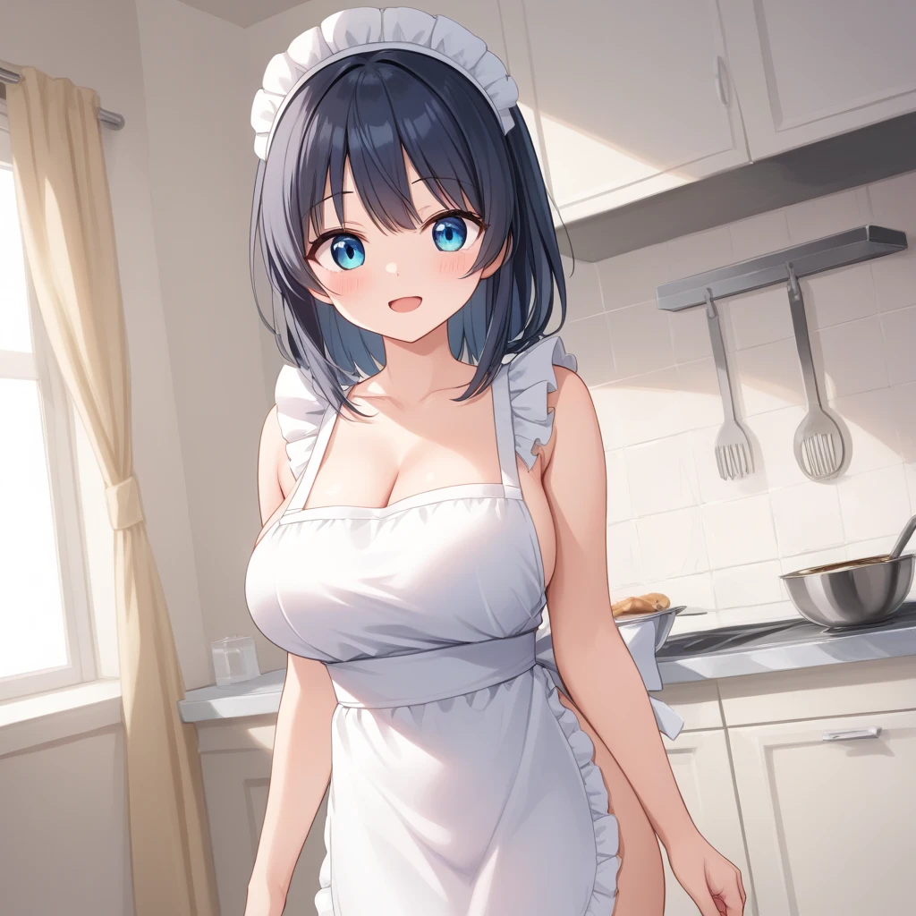 Dark Haired Girl, Light blue micro bikini and white low apron, Small Hips, Large Breasts