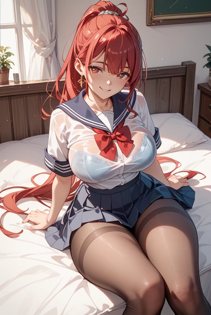 (Best Quality, Masterpiece),sexy, erotic, 1girl, 18 years old, Contempt, pride, long red hair, looking at viewer, (dark room)), sweat, ((cleavage)), warm light, ((hand in panties)), ((blush)), raised eyebrows, perfect hands, bedroom, (((underwear))), abdomen, thick thighs, panties, star hair ornament, blue eyes, ((arms)), ((ahegao)), tongue, yawn, school uniform, crouching