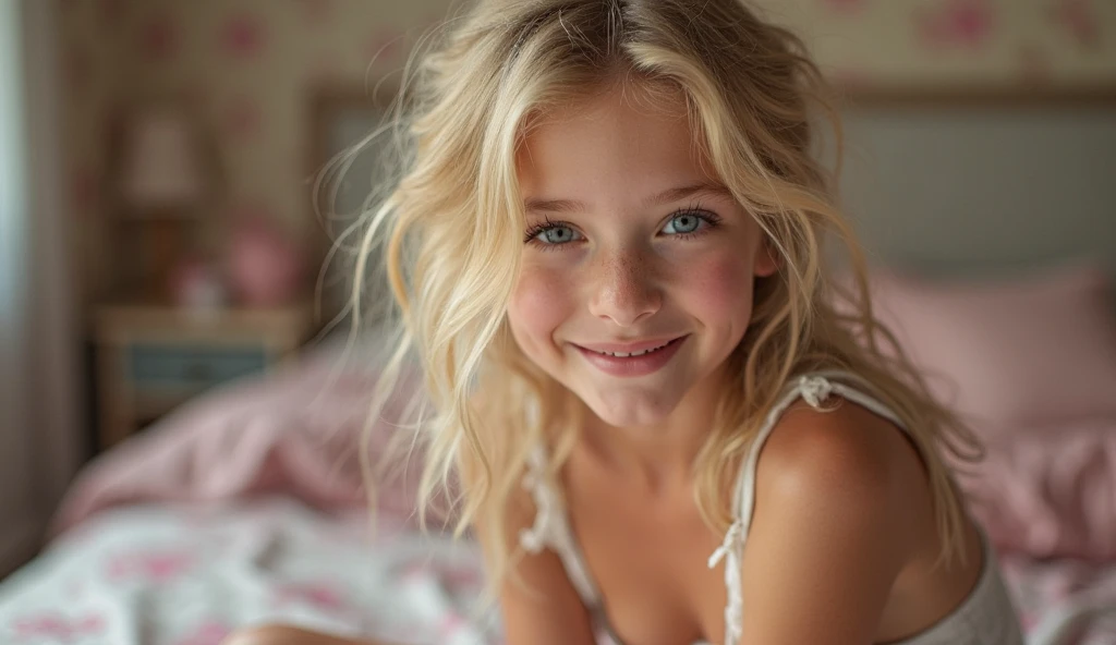 skinny, young teen lying on a bed naked , long boots, blue eyes, smile