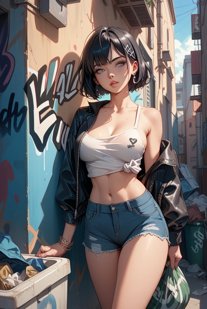 ((8k wallpaper of extremely detailed CG unit, ​masterpiece, hight resolution, top-quality)), (Beautuful Women, Plump lips, Hands in pockets:1.5, Grunge Fashion, wearing an orange blouson:1.2, Wearing micro mini shorts:1.2, Wearing sneakers:1.1), ((extra detailed face, Highly detailed black eyes, extra detailed body, Top quality real texture skins)), (A dark-haired, hair messy, de pele branca, Exposed belly), (Inside an abandoned building, Beautiful blue sky, suns), (high-angle:1.1, Fisheye:1.3), hyper realisitic, digitial painting,