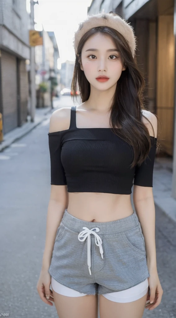 ((best quality, 8K, masterpiece: 1.3)), (Flower Hat: 1.3), Key Points: 1.2, Perfect body beauty: 1.4, Hips: 1.2, (Layered Hairstyle: 1.2)), (Dark Street: 1.3), Highly detailed face and skin textures, whole body, Beautiful eyes, Double eyelids, Skin Whitening, Long hair, (Round Face: 1.5), (Loose cropped top, shorts: 1.6) Cleavage highlights pleated skirt leaking long legs, ((shopping center))