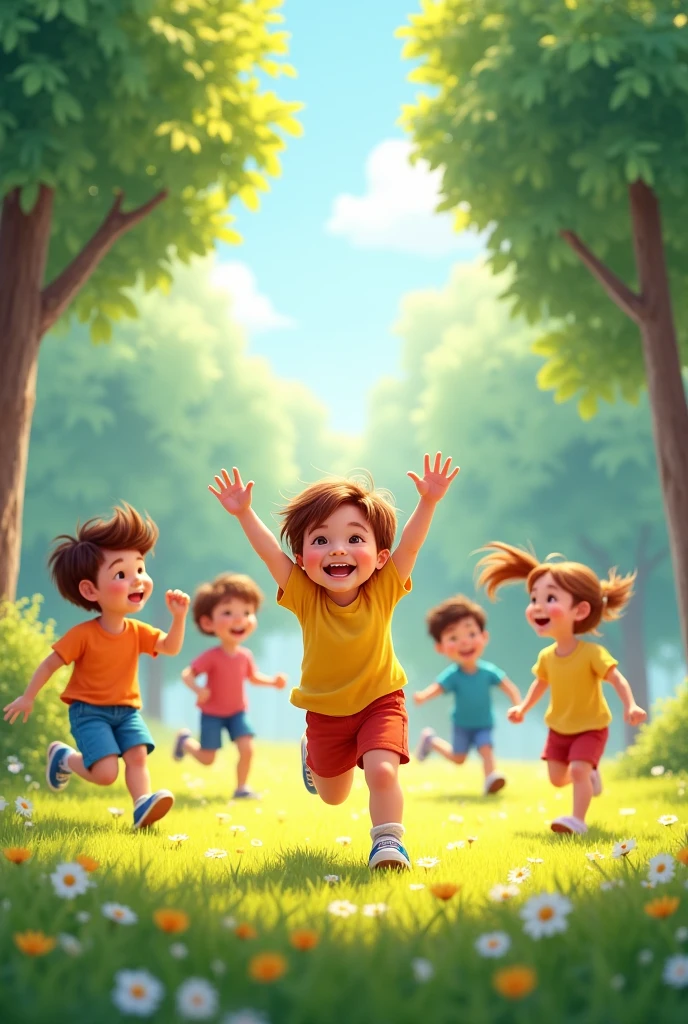 Create an image showing a group of children playing happily outdoors.. The scene should have a vibrant and active atmosphere, with children running, jumping or participating in games like soccer, Hide and seek or playground games. The environment can be a park, a garden or outdoor play area, with green grass, trees and perhaps some toys or play equipment such as swings. The atmosphere should be lively and full of energy, Capturing the fun and excitement of children as they play outside detailed, masterpiece, Best Quality, High resolution
