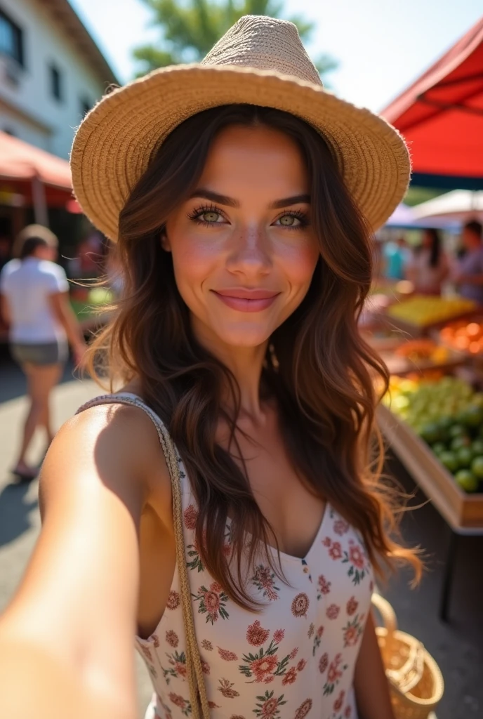 Arafed Femme portant un débardeur blanc et un collier, Fille sexy aux yeux verts, Portrait Sophie Mudd, cheveux bruns et grands yeux, selfie d'une jeune femme.
Explore un marché en plein air. Elle porte une robe bohème à motifs ethniques et des sandales en cuir, parfait pour une journée de flânerie. Ses cheveux bruns sont en tresse délicate, et elle porte une légère touche de maquillage naturel. En prenant un selfie, elle est entourée de stands colorés vendant des fruits frais, des fleurs et des objets artisanaux. L’ambiance est animée avec des gens et des étals vibrants de couleurs. Son sourire est rayonnant, capturant l’énergie vivante du marché.