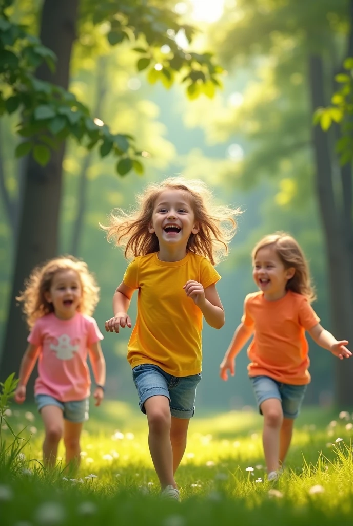 Realistic photo. Photo quality: 720p. Little blonde girl photographed in a park. She is playing with other children. The photo is taken from a distance, in a wide shot.  The  doesn't know she's being photographed. None of the children are out of focus.
