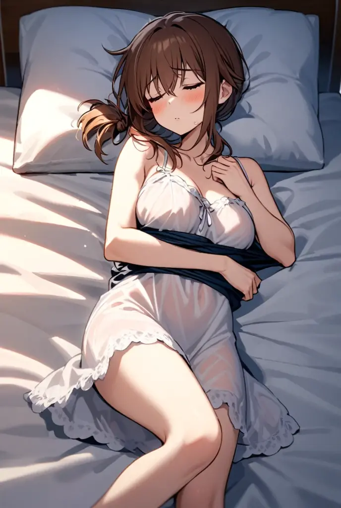 Italian girl, 25 years old, short brown hair tied up, slim, busty, sleeping in a bed, wearing a nightgown