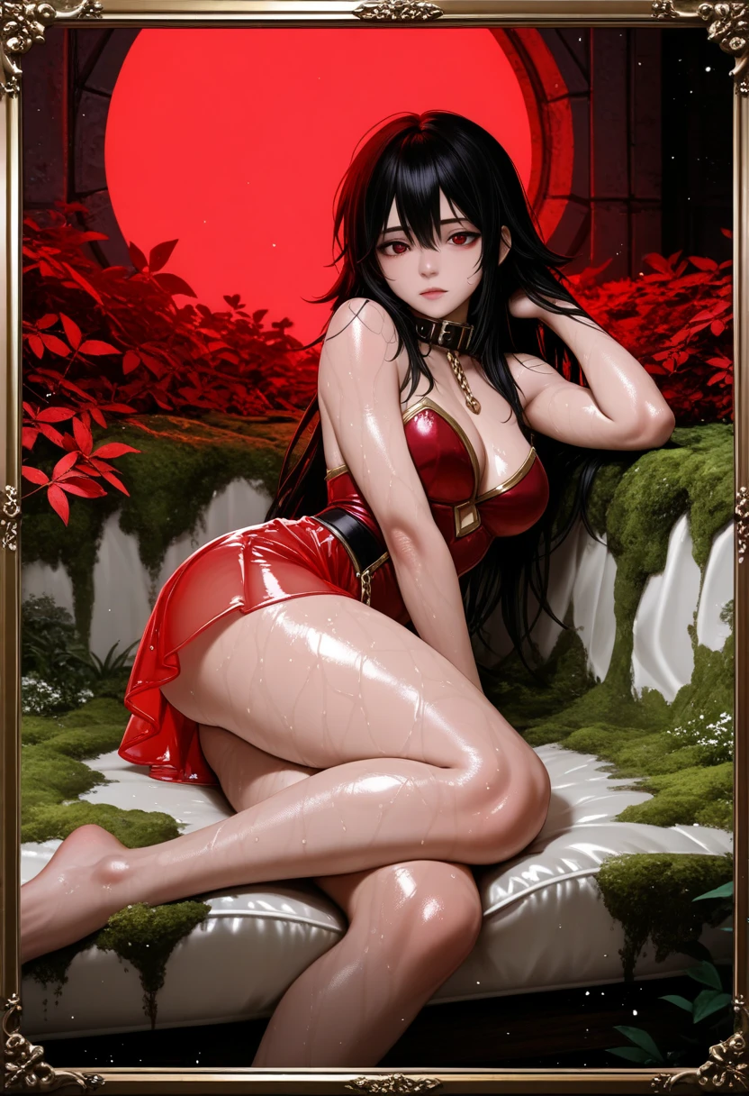 Masterpiece,  8K wallpaper, super detailed, portrait,(full body),
(1 girl:1.3),huge breasts:1.2,solo,//( long black hair:1.3)//,(Medium breasts), ((Perfect body)),//(Beautiful detailed red eyes: 1.3)//,(Back:1.4),(Wet body:1.15),
//kimono,(unbuttoned clothes),clavicle,off-shoulder//,sitting on liquid,
//[(the nether world),(dark:1.5),(in_the_river:1.2),on (blood:1.1),(red_river),((underworld)),(equinox flowers),(fog),blood_splatter, blood_river,(red_flower:1.2),(blood_wavy:1.3), (spider_lily:1.3),(ghosts,blue_fire:1),(ripples:1),(paddle:1),((surrounded by beautiful detailed spider_lily:1.3)),shiny]//