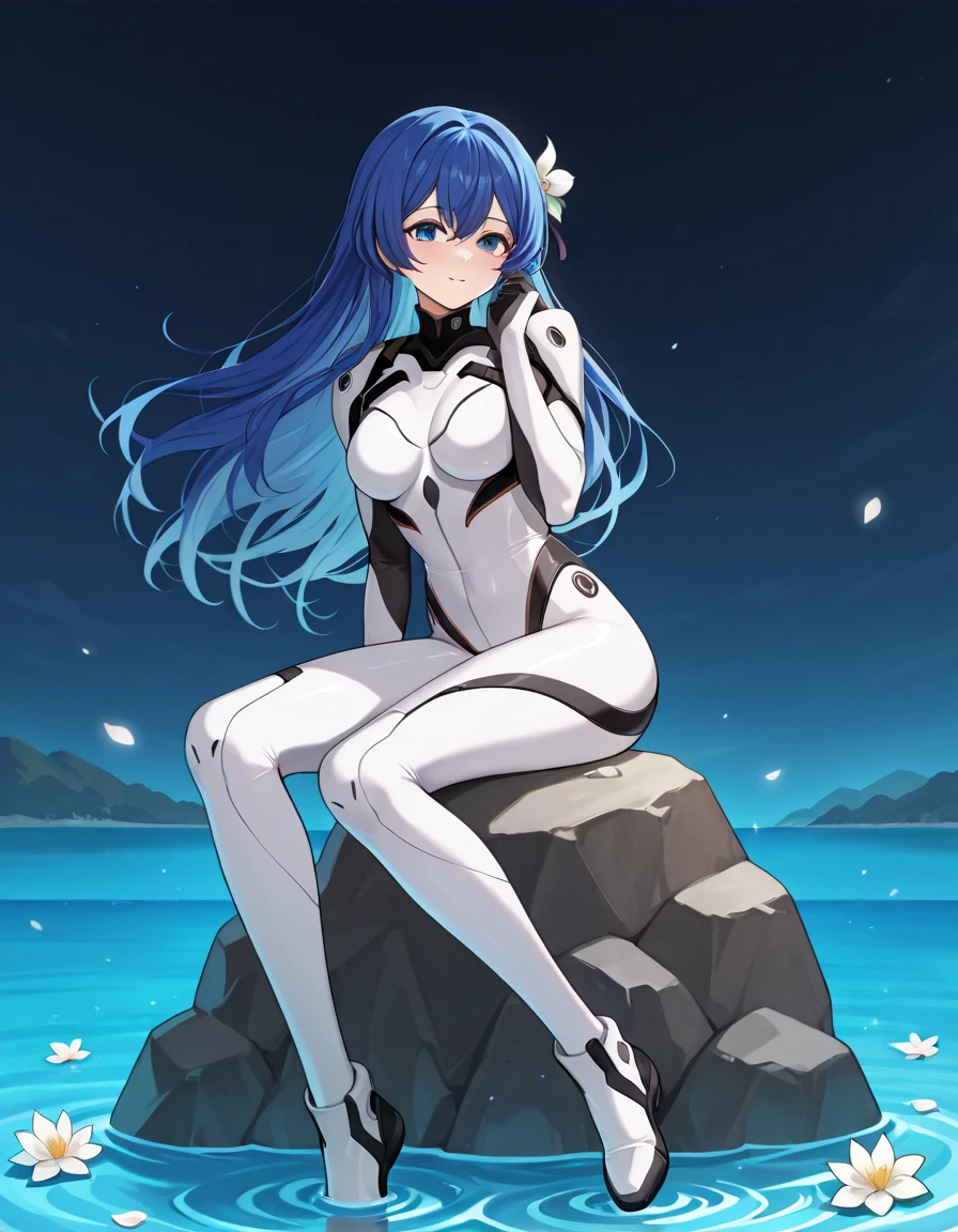 ((masterpiece)), (best quality:1.7), (detailed:1.4), (high res:1.4), 8k, (colorful:1.5), 2d, high resolution, sharped image, 4k, hd, rei_evangelion, 1girl, (((solo))), ((light blue hair)), red eyes, long hair,  cleavage, ((full body)), curvy body, big breasts, cowboy shot, plugsuit, pilot suit, interface headset, hand on own thigh, white bodysuit, white pilot suit, white plugsuit, ((absurdly long hair)), field, sea, grass, ((kinky hair)), ((curly hair)), <lora:rei_evangelion:0.5>, <lora:thickerLinesanimeStyle:0.6>