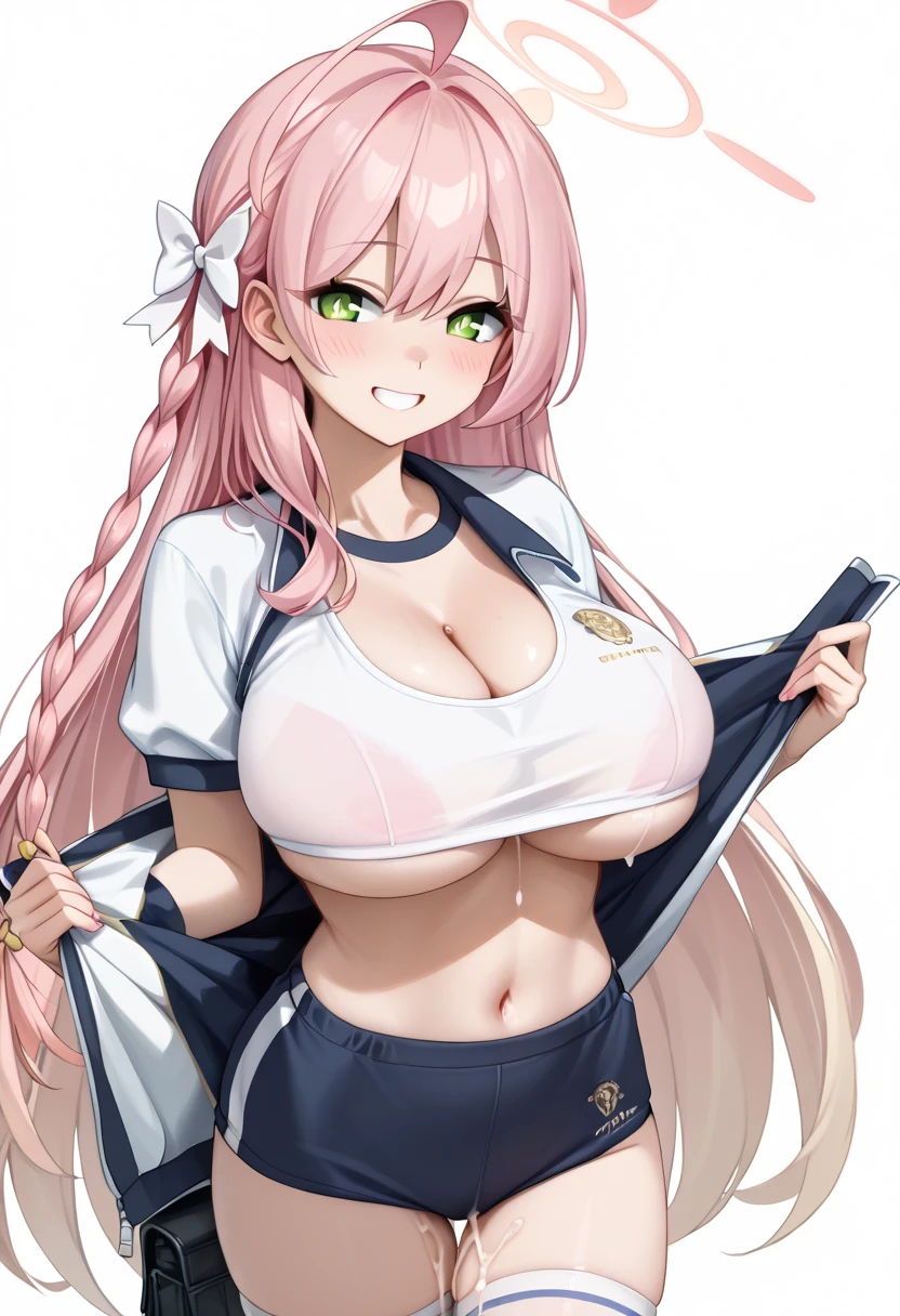 1girl, pink hair, spiked hair, black headband, headband, large breasts, breasts, thick thighs, wide hips, smile, blue eyes, white pants, white shorts, short pants, jacket, white jacket, cropped jacket, black shirt, shirt, eula, eula /(genshin impact/)