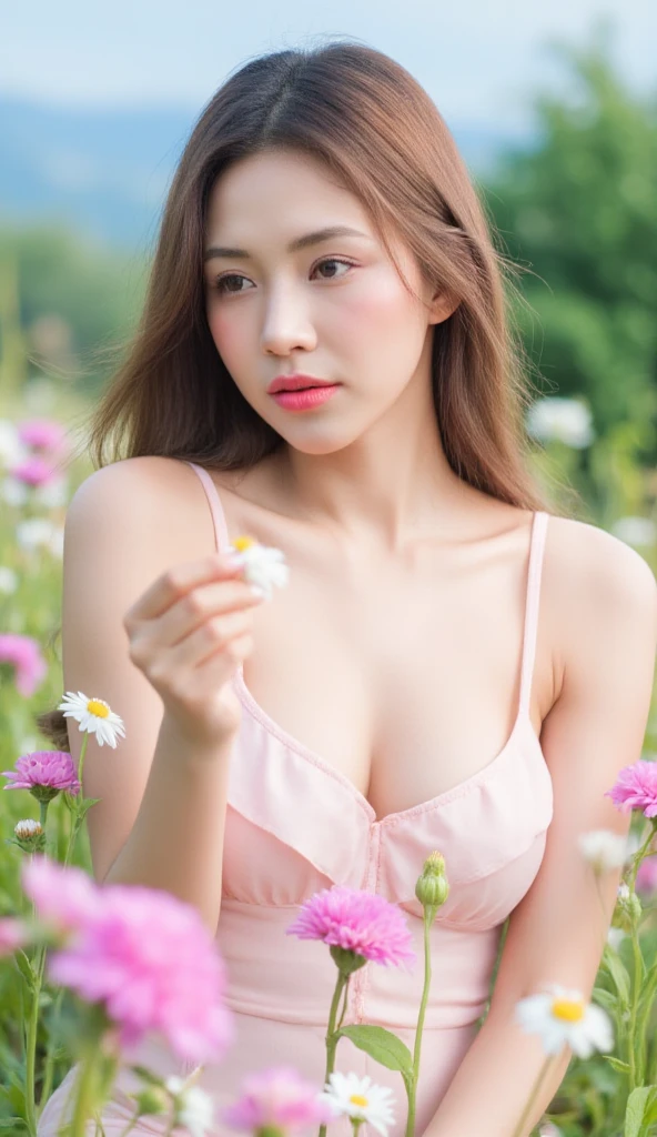 beautiful girl, slender face, Beautiful sharp eyes., long hair, model face, Beautiful makeup, 18 years old, Wearing a light pink lace G Strings set., big breasts, very big breasts, Big butt, Big hips, white skin, In a field of pink and red flowers, Very high detail, 8K, evening light, Portrait, face focus, standing on a grass
