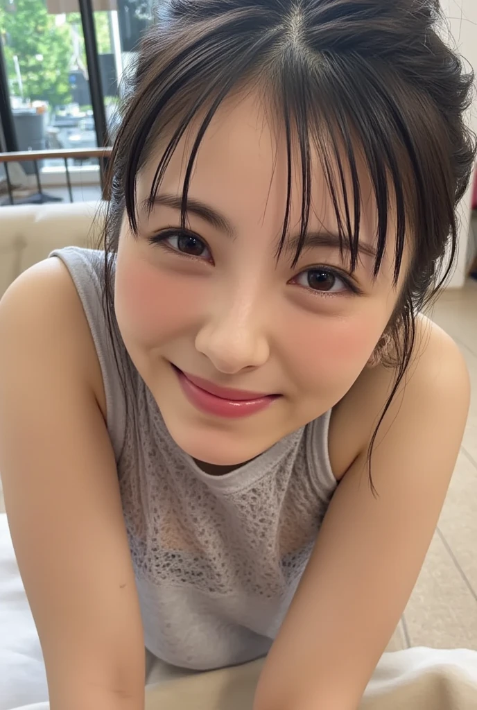1girl,,smile,, (8k, RAW photo, best quality, masterpiece:1.2),(realistic, photo-realistic:1.37),1girl black_long_hair, blunt bangs, big breasts, nsfw, (((nude))), (((nude girl))), (((completely nude))), pussy, {{{pubic thick hair}}}, nipple, areolae, smile,glasses