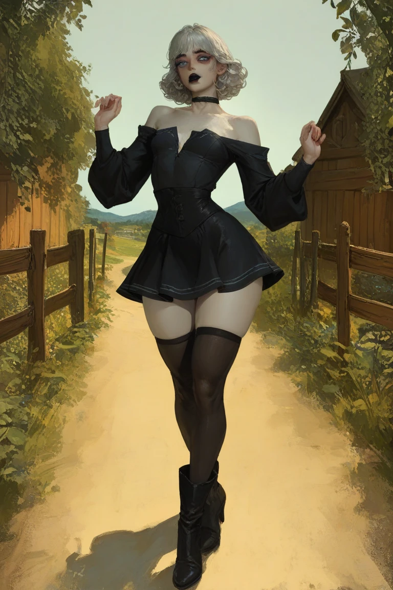 masterpiece, best quality, extremely detail 8k cg, high resolution, 1girl, narukouzumaki, twintails, wisker marks, blonde hair, blue eyes, perfect eyes, slim body, gigantic breasts, bursting breasts, lacasindress, black thighhighs, cleavage, outdoors, beautiful face, full shot photo, full body