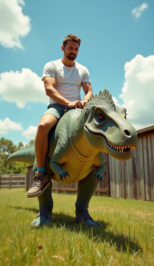 Create a photo-realism, a bulky 32-year-old handsome Indonesian man oval face wavy hair, white t-shirt written on the chest "RAYN" riding on the back of a saddled giant T-Rex, HD 4k high detail ultra realistic dynamic hyper realistic oled, HD 4k high detail ultra realistic vibrant hyper realistic oled , subsurface scattering, amazing fine detail, on a little rocky riverbank