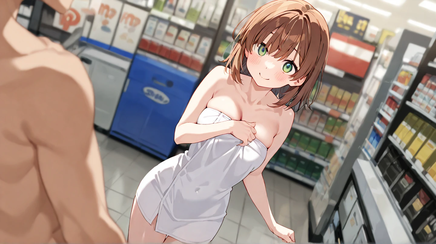 Kousaka Honoka, Blue eyes,Naked,drenched in sweat,full of sweat, Stand in the supermarket , from behind,Ass, Smile, Ahoge, exposed ass
