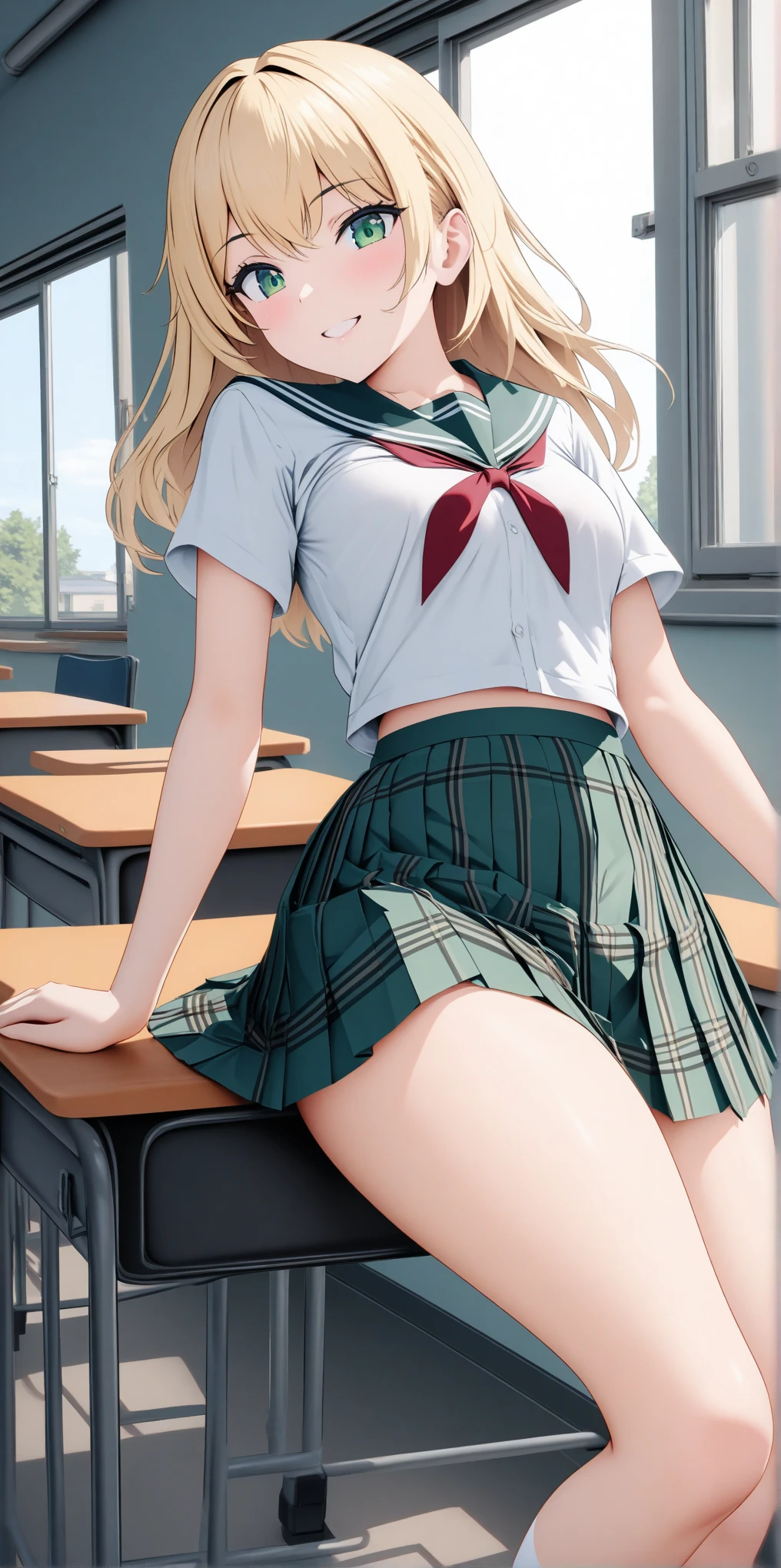 (chef-d'artwork:1.2, best quality), (real picture, intricate details), 1dame, seulement, haut du corps, showing pieds, pieds, school, school settings, cheveux longs, Maquillage minimal, Detailed face, très longs cheveux blond platine clair, frange, cheveux entre les yeux, yeux verts, gros seins dodus, gros cul, SFW, clothes, , school skirt, school shirt, uniforme, montrant les semelles, showing pieds, pieds, correct pied anatomy, (school classroom), (school), (pied), (pieds), (showing pieds), (five toes each pied)