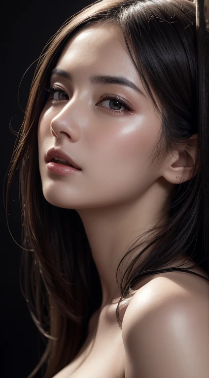 masterpiece, best quality, illustration, Super detailed, Fine details, high resolution, 8K Wallpaper, Perfect dynamic composition, Beautiful and delicate eyes , Open Mouse, Sexy face,There is a feeling of ecstasy on the face,Facing the peak of sexual arousal, looking at the audience, ((Dark background)), Mark Durmstead's style,