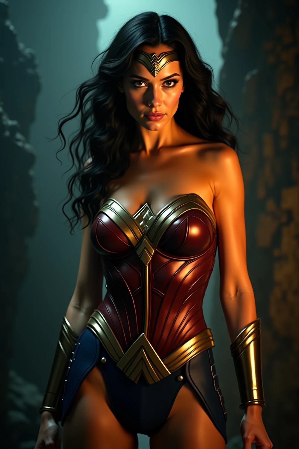 Create an image of a sexy and tall dark brunette with slightly wavy hair, standing at 175cm tall. The woman should be dressed as Wonder Woman, showcasing her hot armor and amazing physique with an hourglass silhouette. The woman should be in a flying hero position, adding to the dynamic and alluring nature of the image. The background should be a destruction scene, adding to the dynamic and alluring nature of the image. The overall look and feel of the image should be that of a cinematic and dynamic scene, with a focus on creating a dynamic and alluring image that showcases the woman's sex appeal as a superhero, viki odintcova