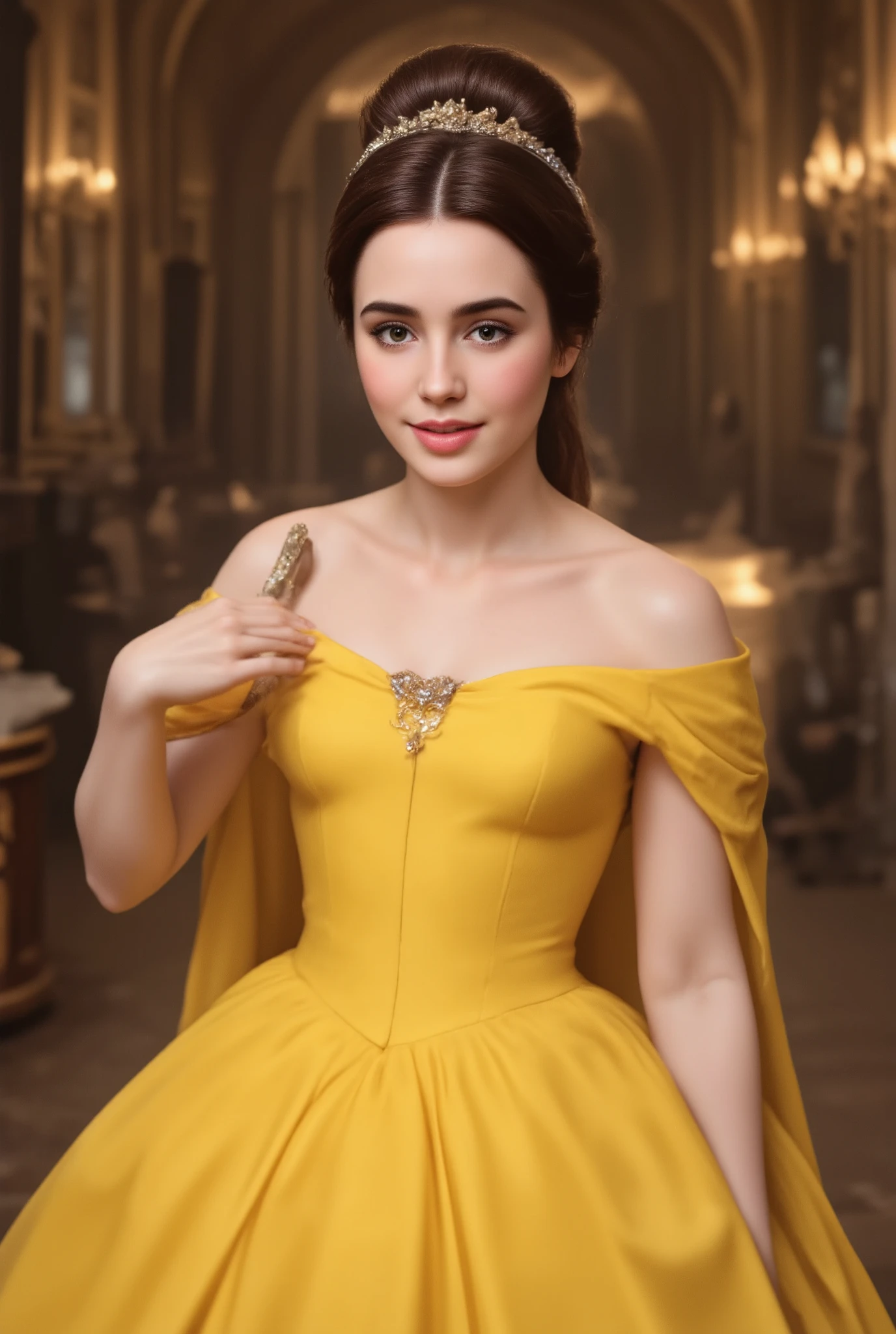 D-Belle, A detailed digital portrait of Lily Collins reimagined as Belle from Beauty and the Beast. She is wearing Belle's signature outfit — a yellow off shoulder princess dress. Her hair is styled like Belle's classic long, brown hair, tied back in a low ponytail, and possesses captivating hazel eyes, full lips, rosy cheeks, and a sculpted figure. with Lily Collin's facial features and expressions. The background is an ornate castle ballroom with high ceilings. Stylized like high-quality, hyper realistic with vibrant colors and soft lighting.