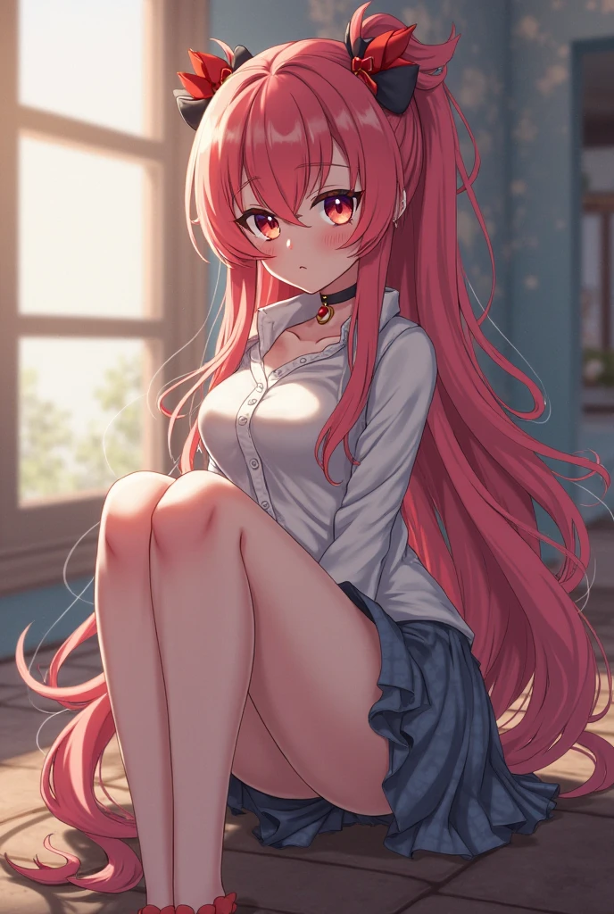Twin tails、vtuber、beautiful girl、An illustration、Waking up、Looking at this、Sitting on the floor、whole body、chest