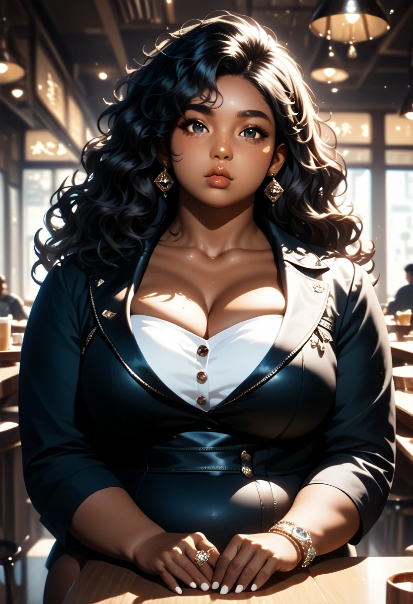 (extremely detailed CG unity 8k wallpaper:1.5),<(masterpiece:1.5), (best quality:1.7), high resolution illustration, (finely detailed eyes and detailed face:1.3), (detail:1.3, best quality, (ultra-detailed), (an extremely delicate and beautiful), (illustration), (painting),(masterpiece:1.5),cinematic light,dynamic angle,floating,sharp focus,(2d:1.7), (best quality:1.3),(illustration:1.1),((disheveled hair:1.2),(beautiful detailed eyes:1.1),(cinematic light:1.1), beautiful (40 year old) African woman, ((wearing henley buttoned-up blazer-suit and long pencil-skirt)), on pier, outdoor, curvy body type, voluptuous body type, curvy body type, thick body type, big chest, big , (full_body),