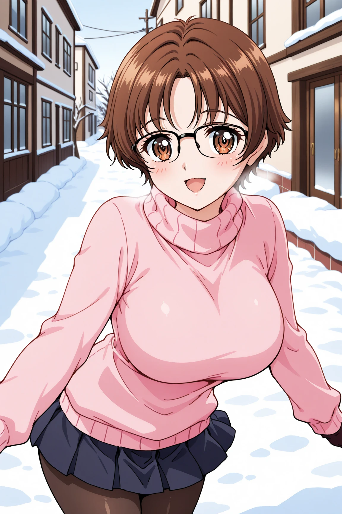 Girl, long brown hair, bangs, glasses and small frame, in winter coat and bikini, and jeans, in a public park, snow, snow on the ground, opening up coat, showing your bra, smiling, just a lacy bra under coat, no shirt under coat, small boobs, a cup, lacy bikini top, bikini, bikini under coat, bikini bra, bikini and coat over it, getting caught, embarassed, flashing, someone walking in, background people walking past, public, someone catching you flashing