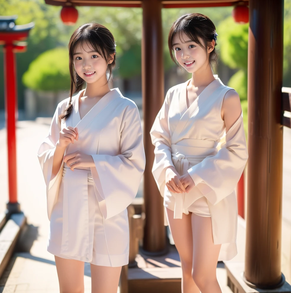日本people、1people、The most beautiful woman、smile、Shyness、clear、Shiny black hair、((Standing with legs wide open))、Photo Style、length, bangs、light makeup、Standard face、(((Wearing a white Etchu loincloth)))、((Light clothing:0.5))、(She is hiding her breasts by wrapping a cloth around her chest.)、Sacred Rites、Offered as a sacrifice、Japanese architecture、Outdoor、Many spectators pay attention、(((Showing off your loincloth))), 32k, Raw photo、Highest quality