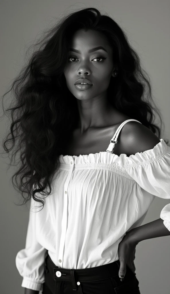 in style of Joe Fenton,Black model, character, portrait, half body, wearing a delicate shirt, highly detailed face, beautiful detail, sharp focus,Black and White Photography,Studio Photos,